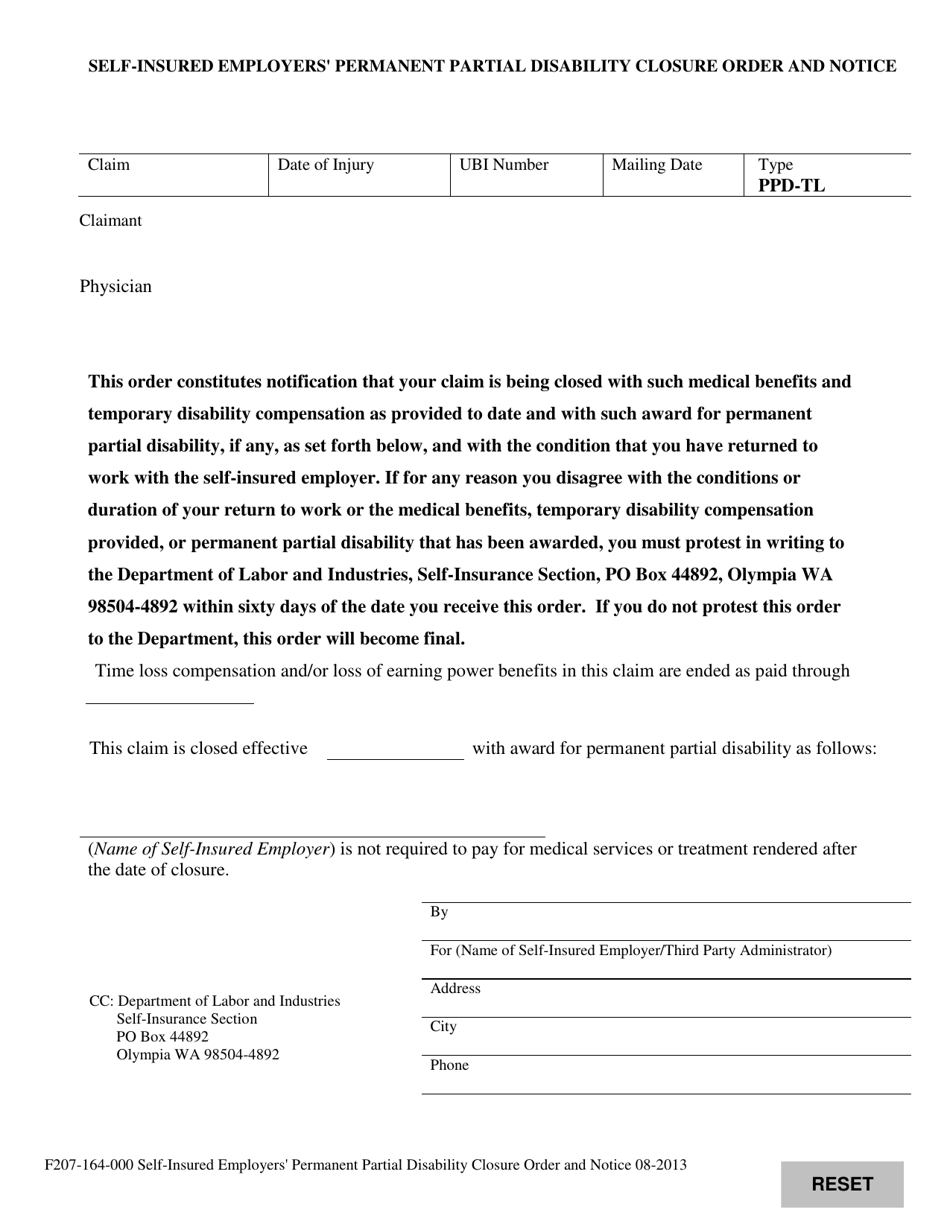 Form F207-164-000 Self-insured Employers Permanent Partial Disability Closure Order and Notice - Washington, Page 1