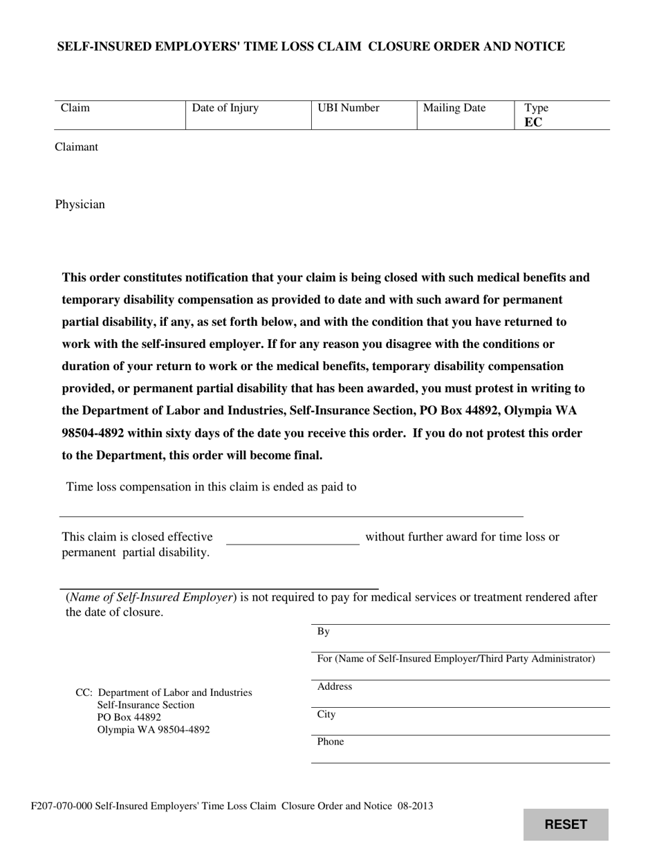 Form F207-070-000 Self-insured Employers Time Loss Claim Closure Order and Notice - Washington, Page 1