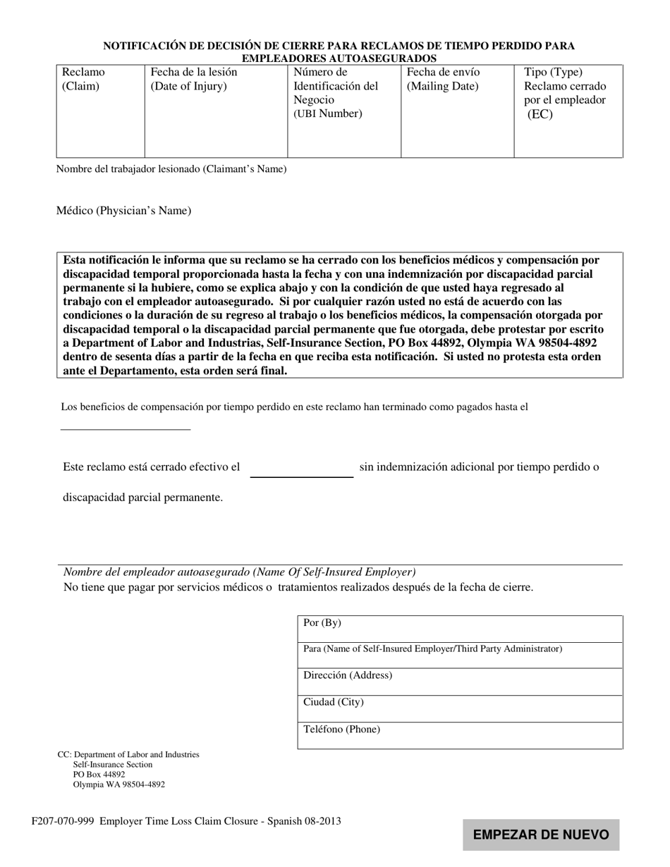 Formulario F207-070-999 Notificacion De Decision De Cierre Para Reclamos De Tiempo Perdido Para Empleadores Autoasegurados - Washington (Spanish), Page 1