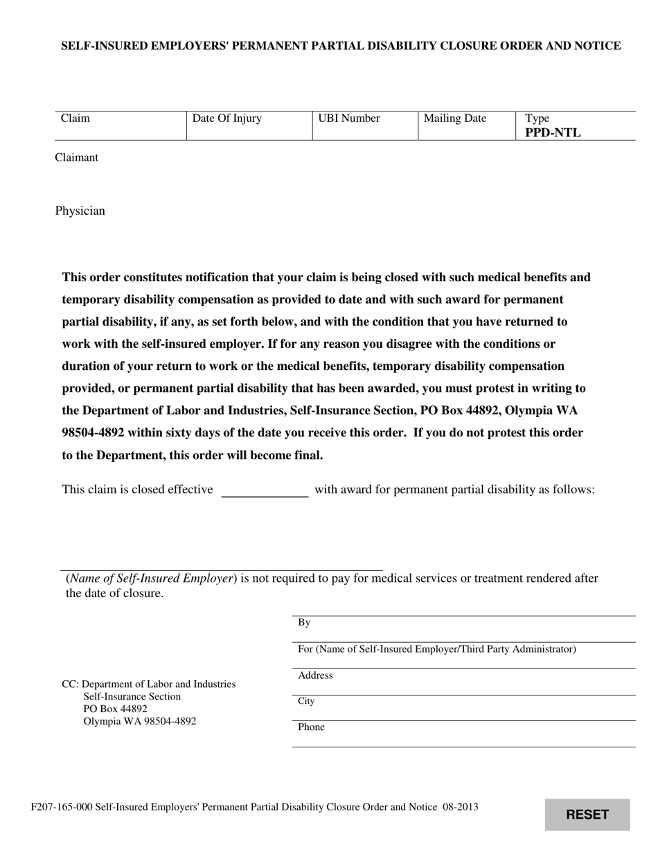 Form F207-165-000 Self-insured Employers Permanent Partial Disability Closure Order and Notice - Washington, Page 1
