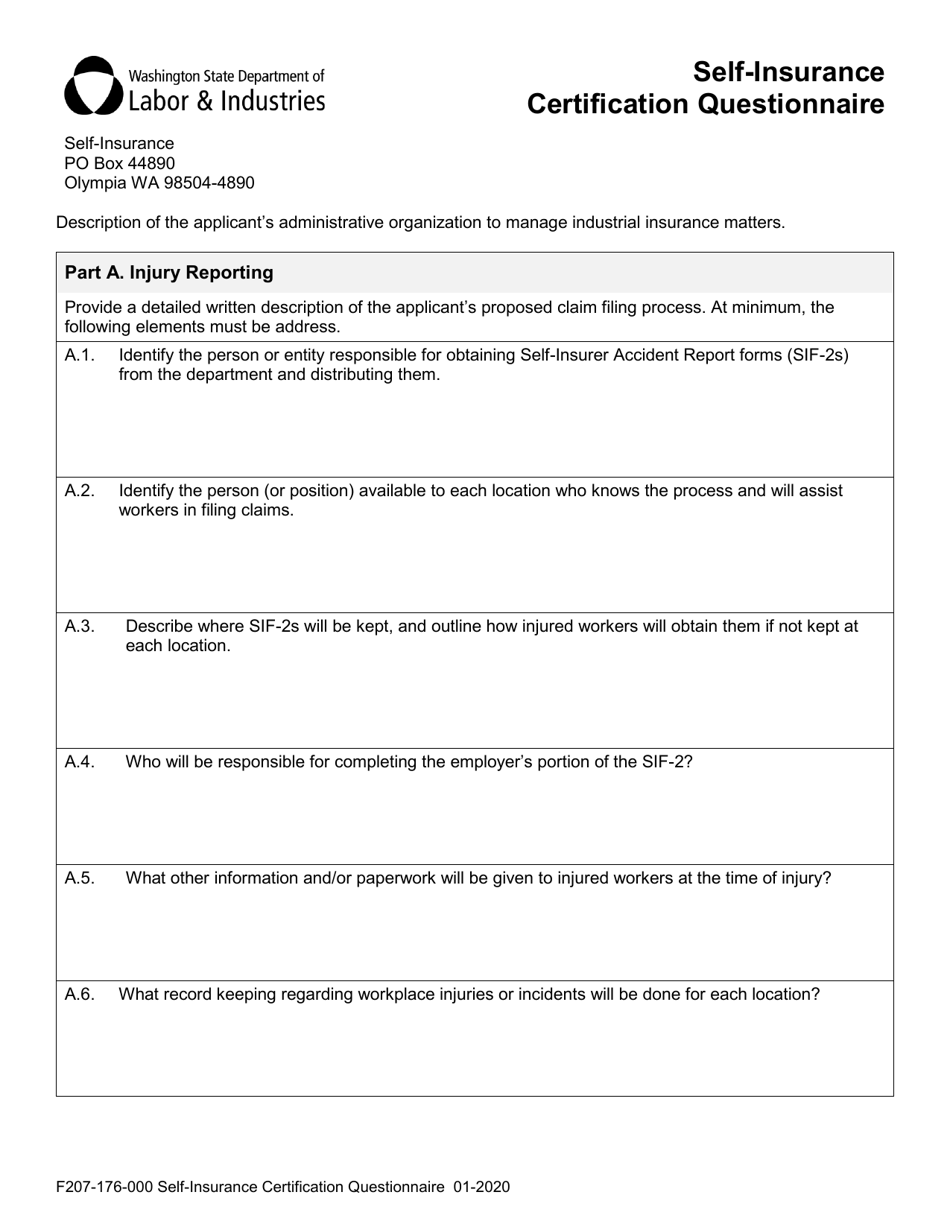 Form F207-176-000 Self-insurance Certification Questionnaire - Washington, Page 1