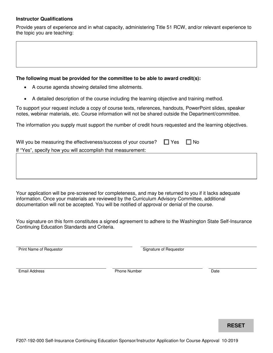 Form F207-192-000 Self Insurance Continuing Education Sponsor / Instructor Application for Course Approval - Washington, Page 3