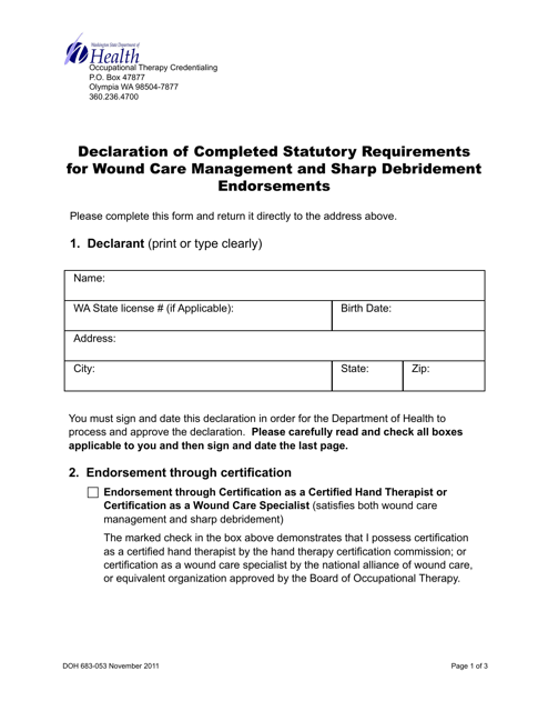 DOH Form 683-053 Declaration of Completed Statutory Requirements for Wound Care Management and Sharp Debridement Endorsements - Washington