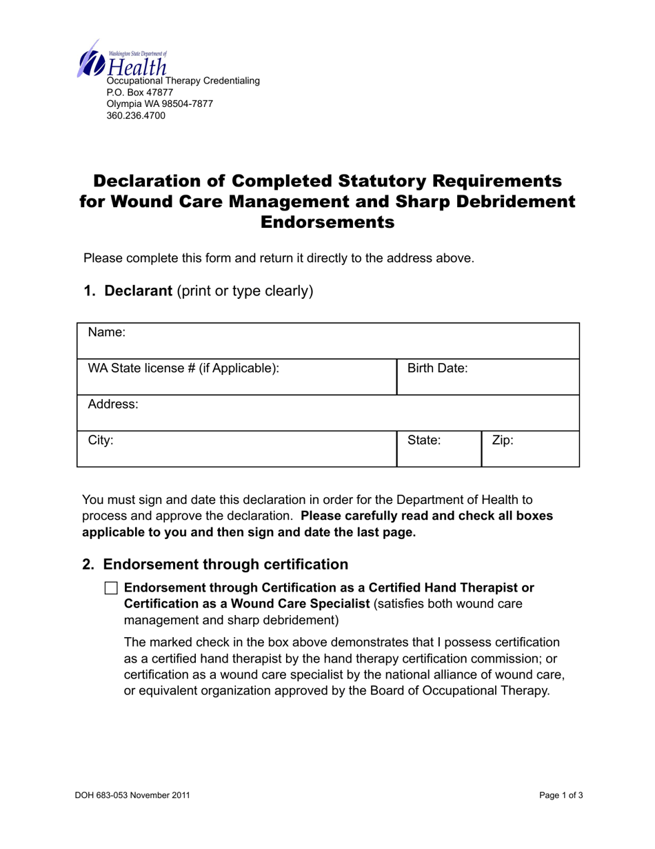 DOH Form 683-053 Declaration of Completed Statutory Requirements for Wound Care Management and Sharp Debridement Endorsements - Washington, Page 1