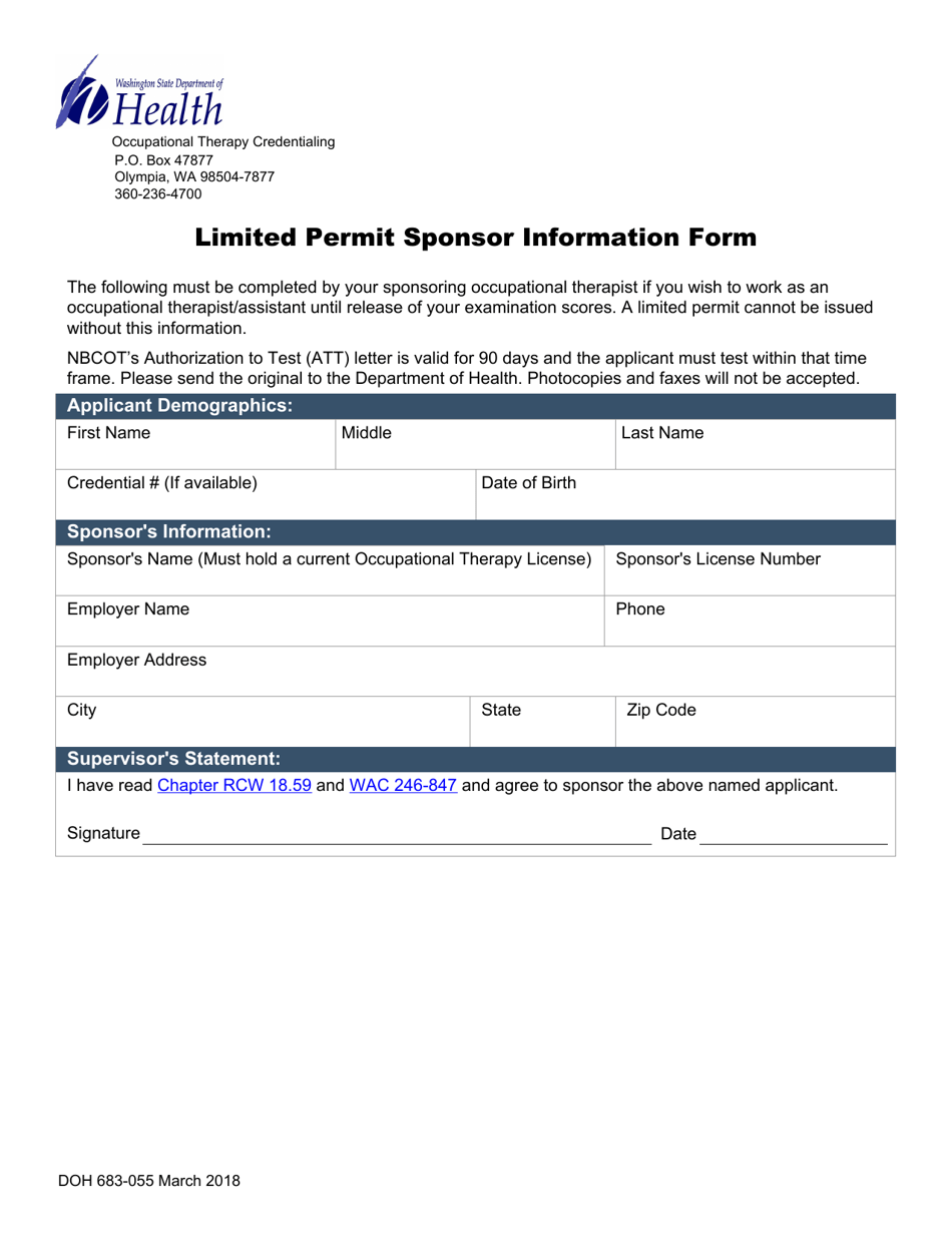 DOH Form 683-055 Limited Permit Sponsor Information Form - Washington, Page 1