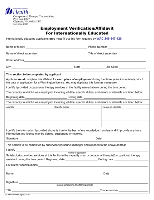 DOH Form 683-039 Occupational Therapist or Occupational Therapy Assistant Employment Verification/Affidavit for Internationally Educated - Washington