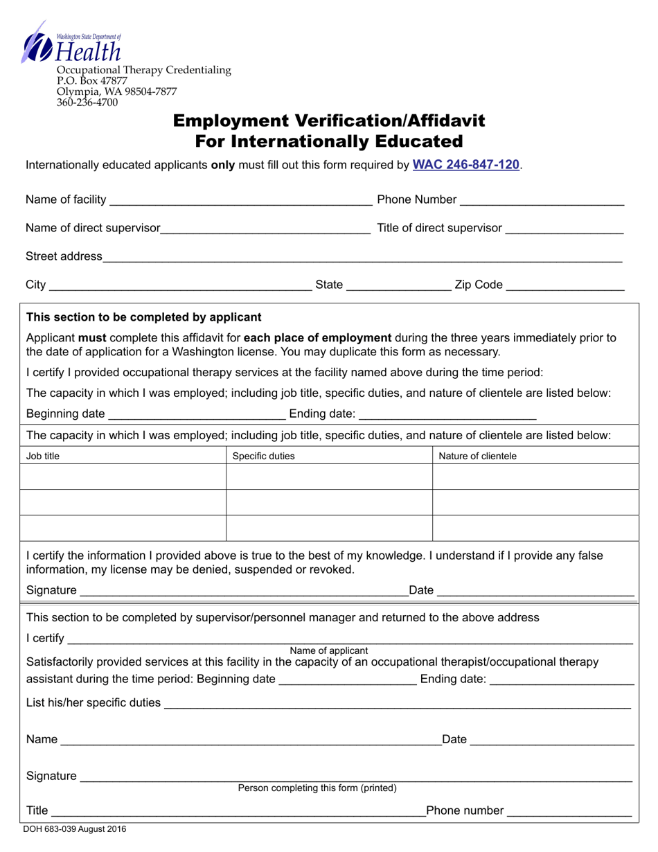 DOH Form 683-039 Occupational Therapist or Occupational Therapy Assistant Employment Verification / Affidavit for Internationally Educated - Washington, Page 1