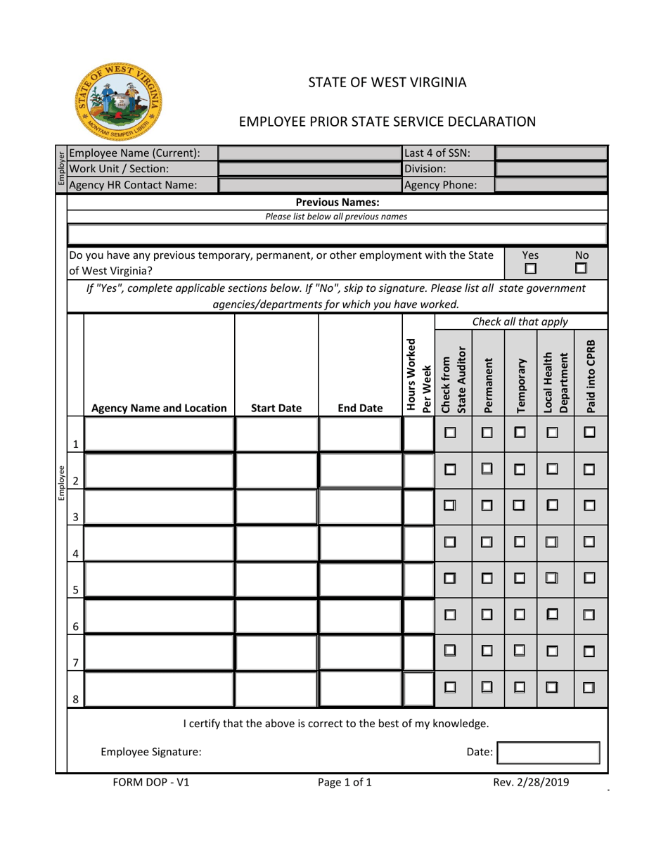 Form DOP-V1 Employee Prior State Service Declaration - West Virginia, Page 1