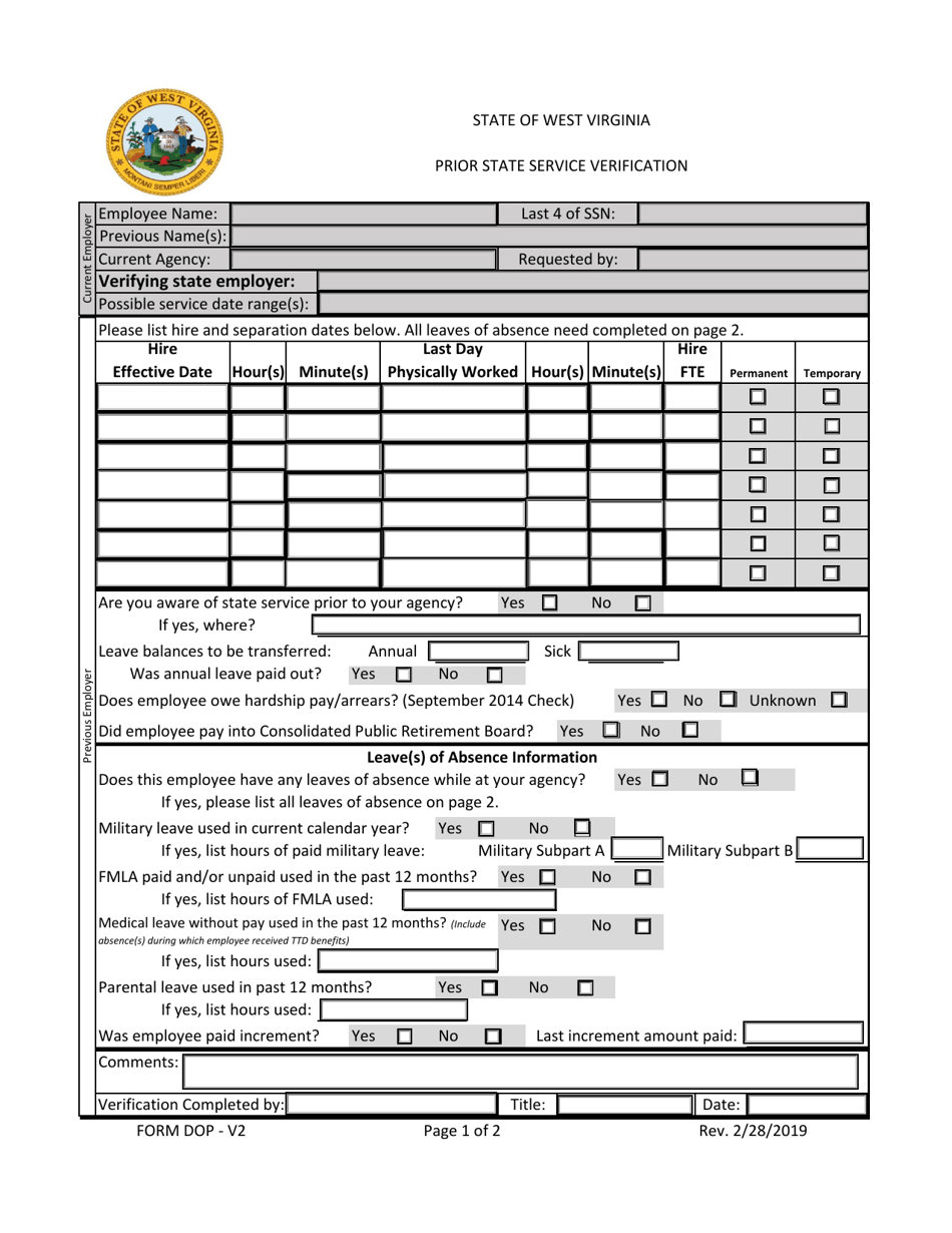 Form DOP-V2 Prior State Service Verification - West Virginia, Page 1