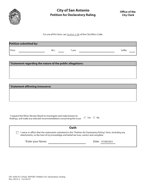 Form GR.1050-07 Petition for Declaratory Ruling - City of San Antonio, Texas