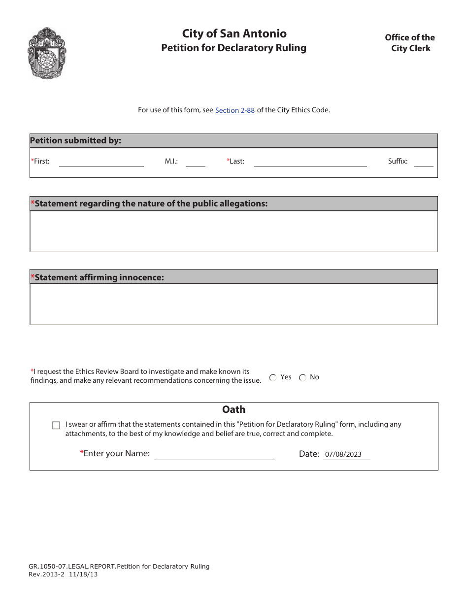 Form GR.1050-07 Petition for Declaratory Ruling - City of San Antonio, Texas, Page 1