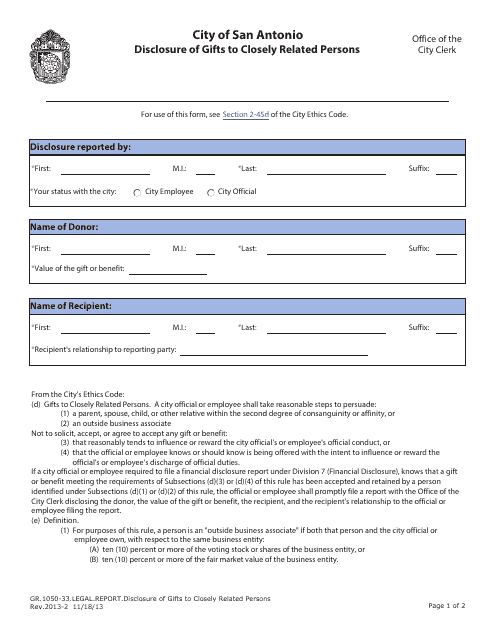 Form GR.1050-33 Disclosure of Gifts to Closely Related Persons - City of San Antonio, Texas