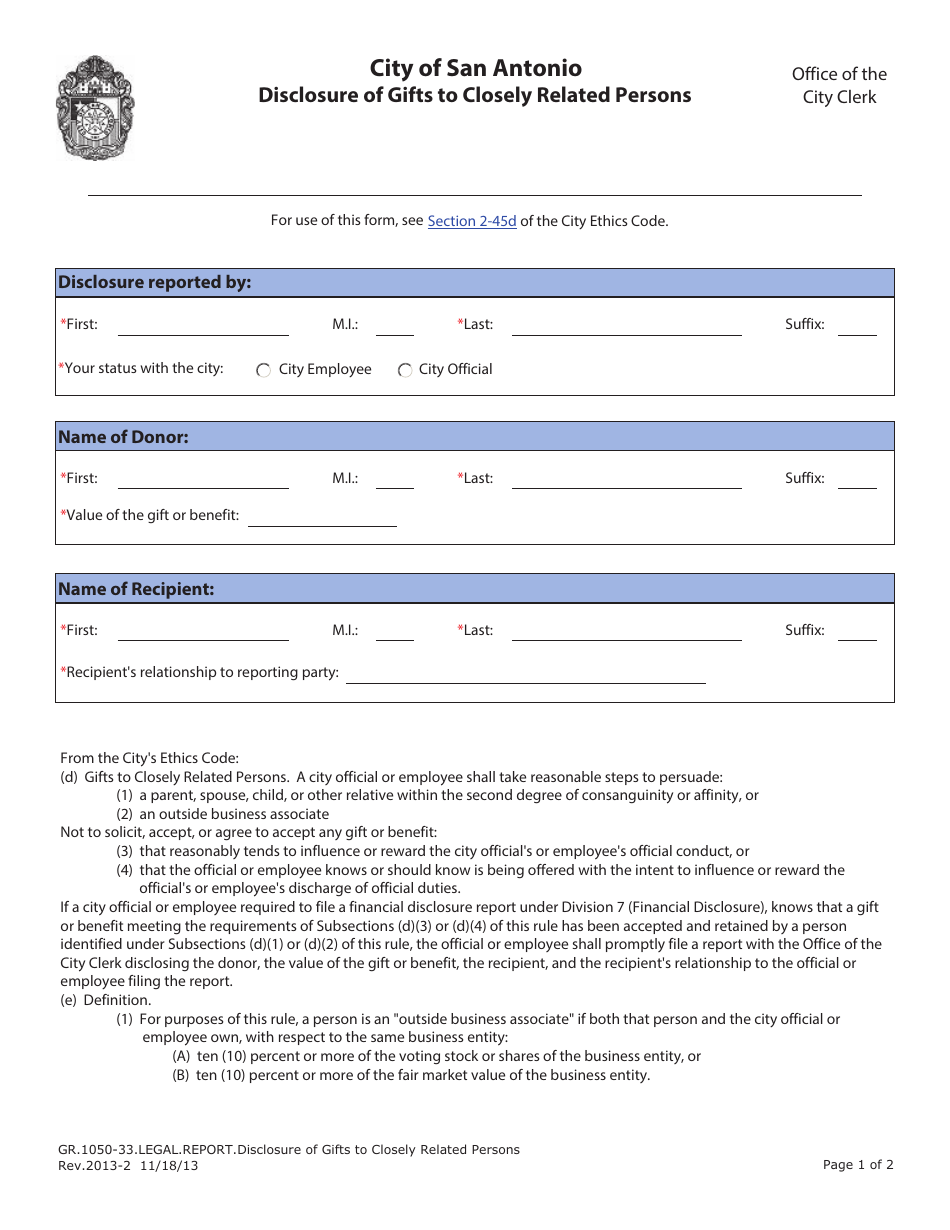 Form GR.1050-33 Disclosure of Gifts to Closely Related Persons - City of San Antonio, Texas, Page 1