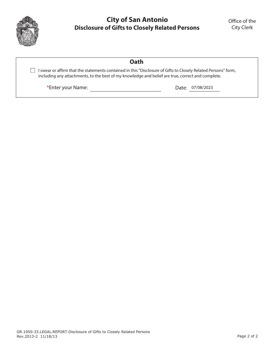 Form GR.1050-33 Disclosure of Gifts to Closely Related Persons - City of San Antonio, Texas, Page 2