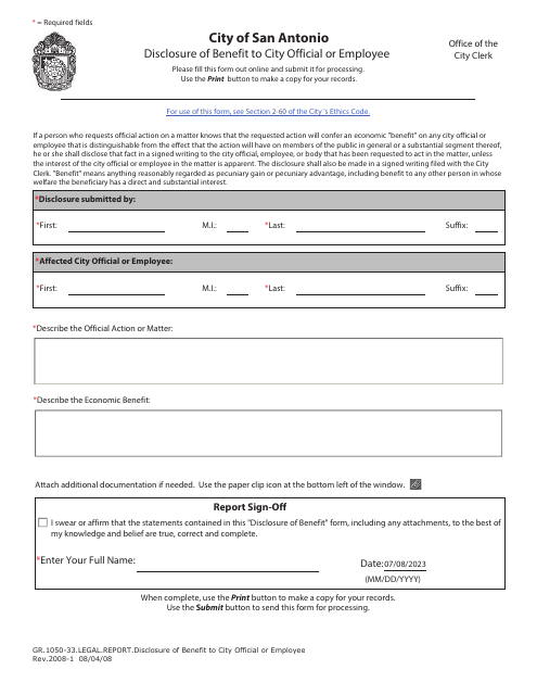 Form GR.1050-33 Disclosure of Benefit to City Official or Employee - City of San Antonio, Texas