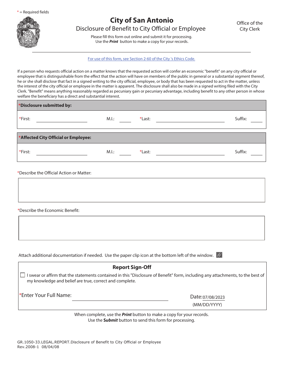Form GR.1050-33 Disclosure of Benefit to City Official or Employee - City of San Antonio, Texas, Page 1