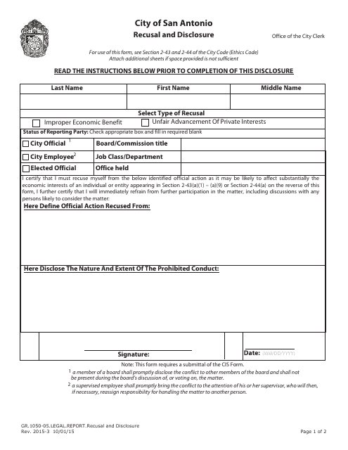 Form GR.1050-05 Recusal and Disclosure - City of San Antonio, Texas