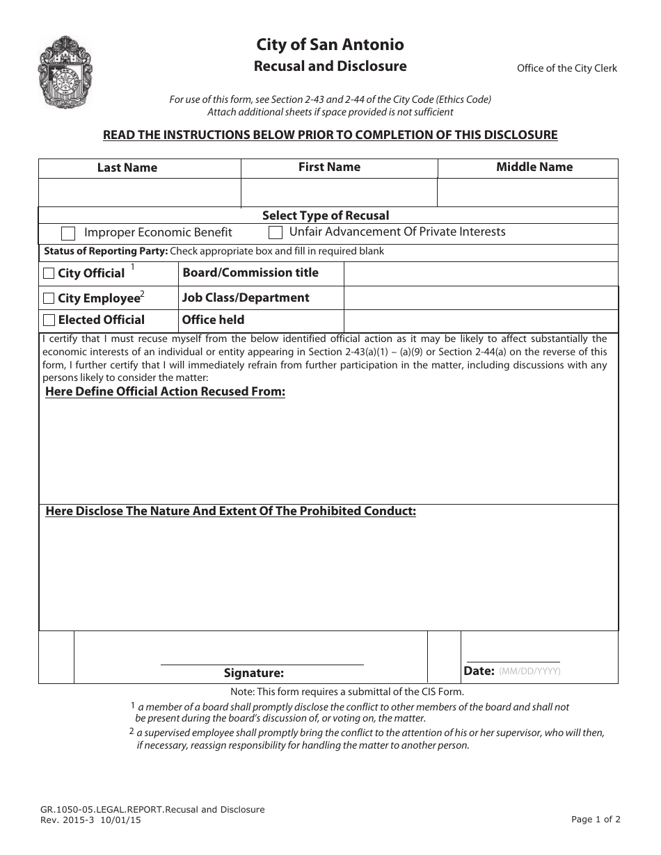 Form GR.1050-05 Recusal and Disclosure - City of San Antonio, Texas, Page 1
