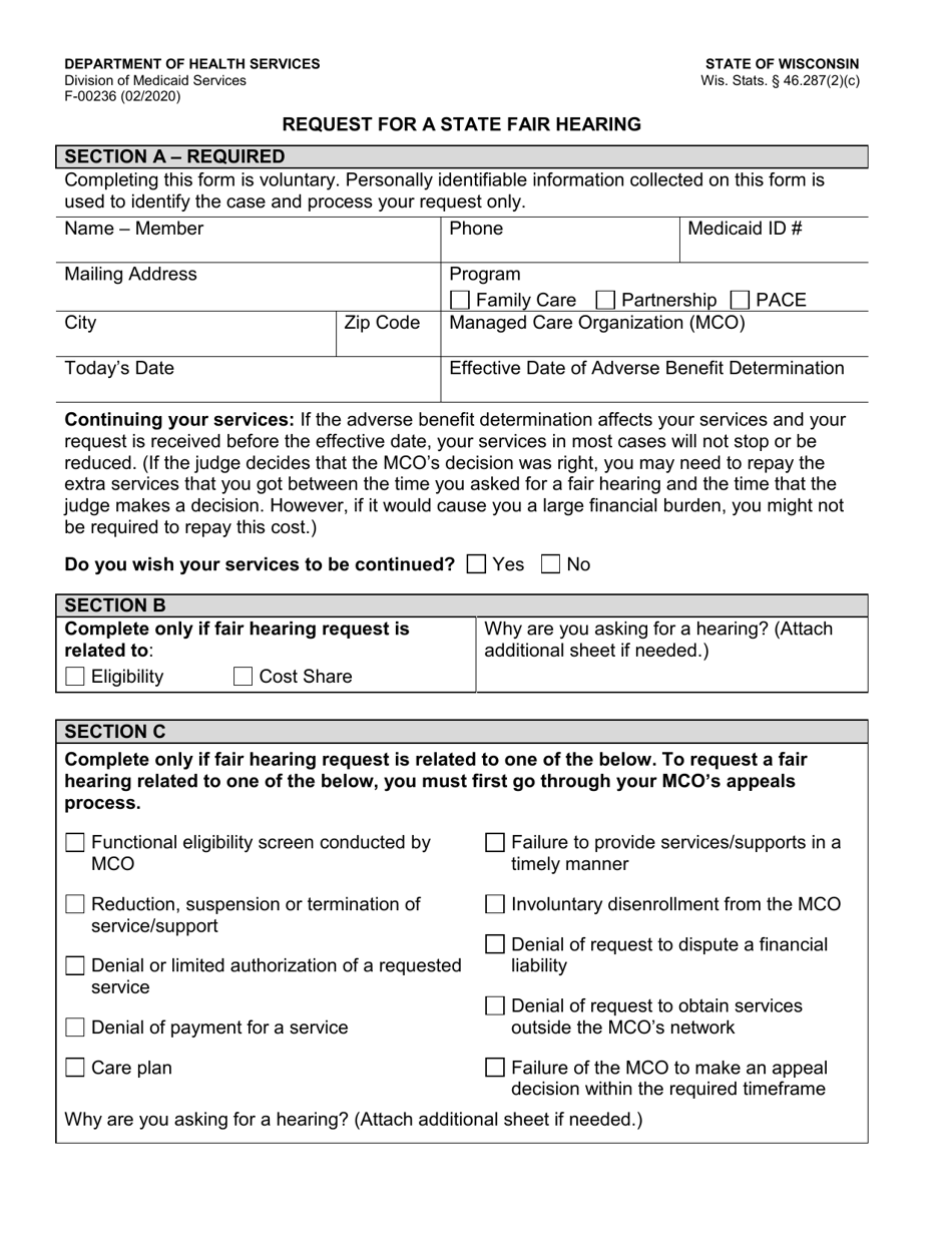Form F-00236 Request for a State Fair Hearing - Wisconsin, Page 1