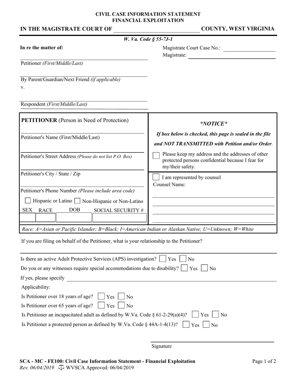 Form Sca Mc Fe100 Fill Out Sign Online And Download Fillable Pdf West Virginia Templateroller 4283