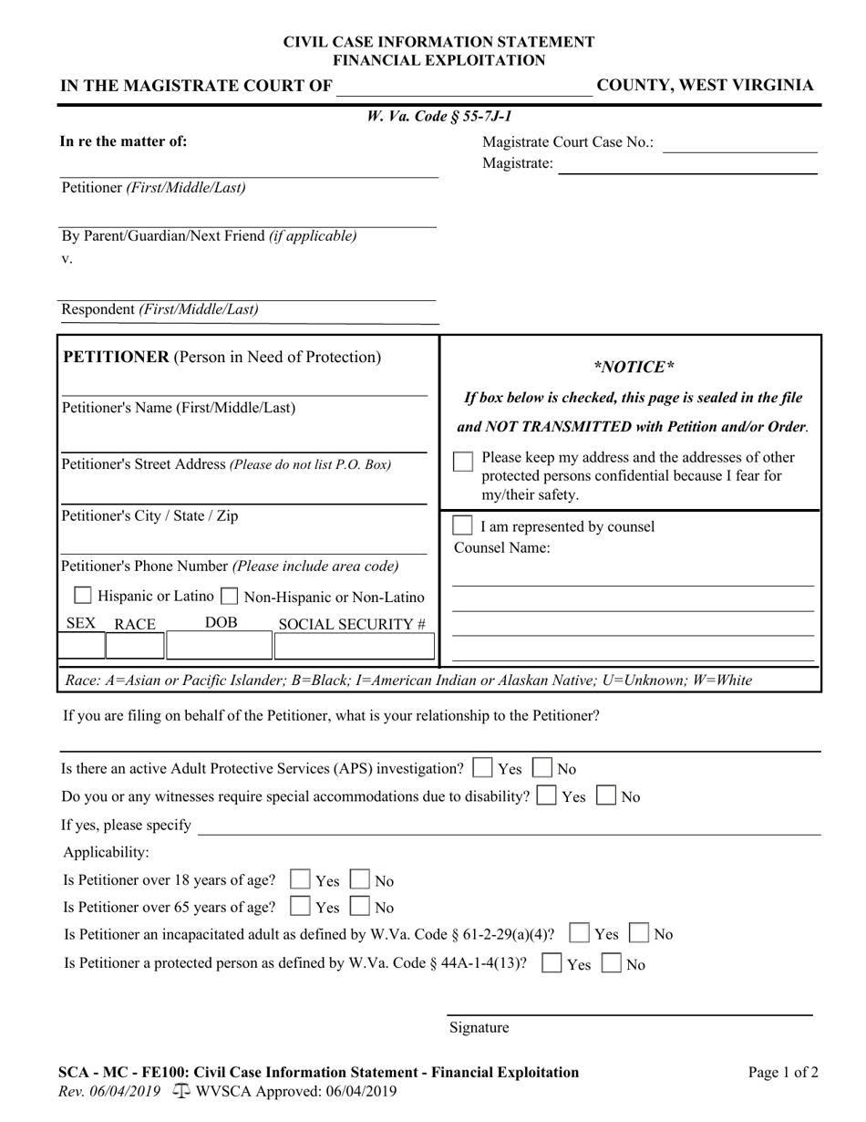 Form SCA-MC-FE100 Civil Case Information Statement - Financial Exploitation - West Virginia, Page 1