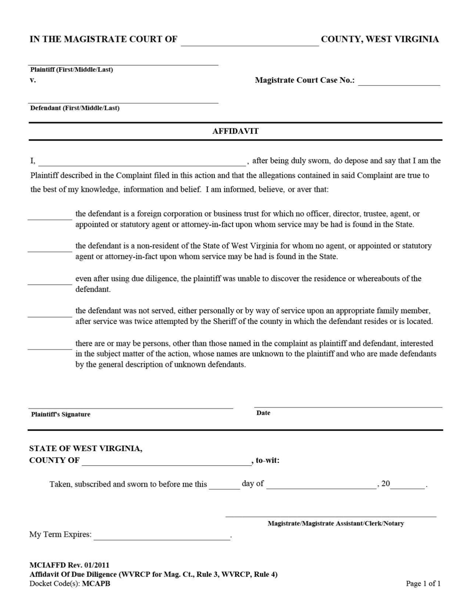 West Virginia Affidavit of Due Diligence - Fill Out, Sign Online and ...