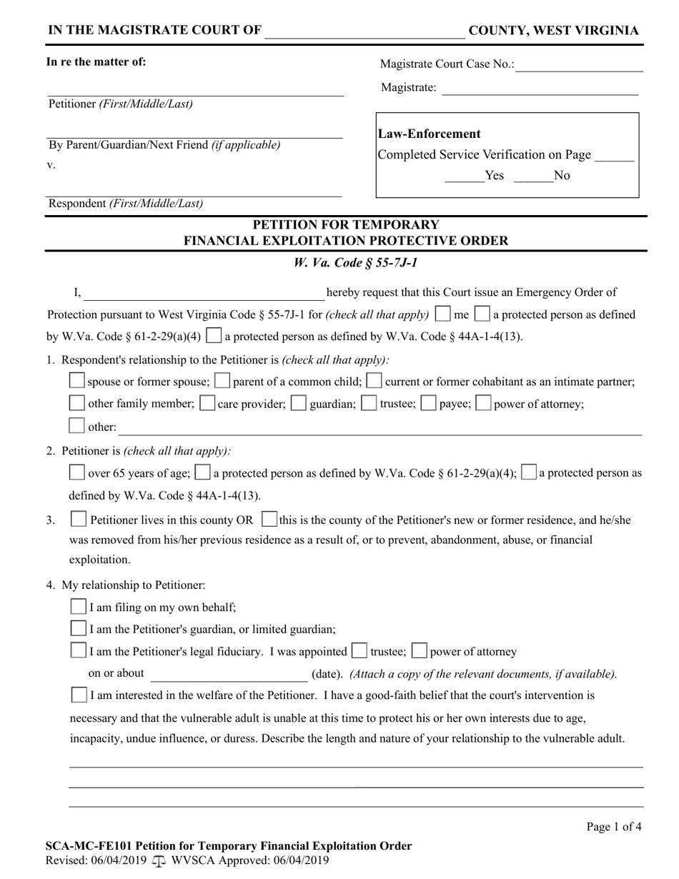 Form SCA-MC-FE101 Petition for Temporary Financial Exploitation Protective Order - West Virginia, Page 1