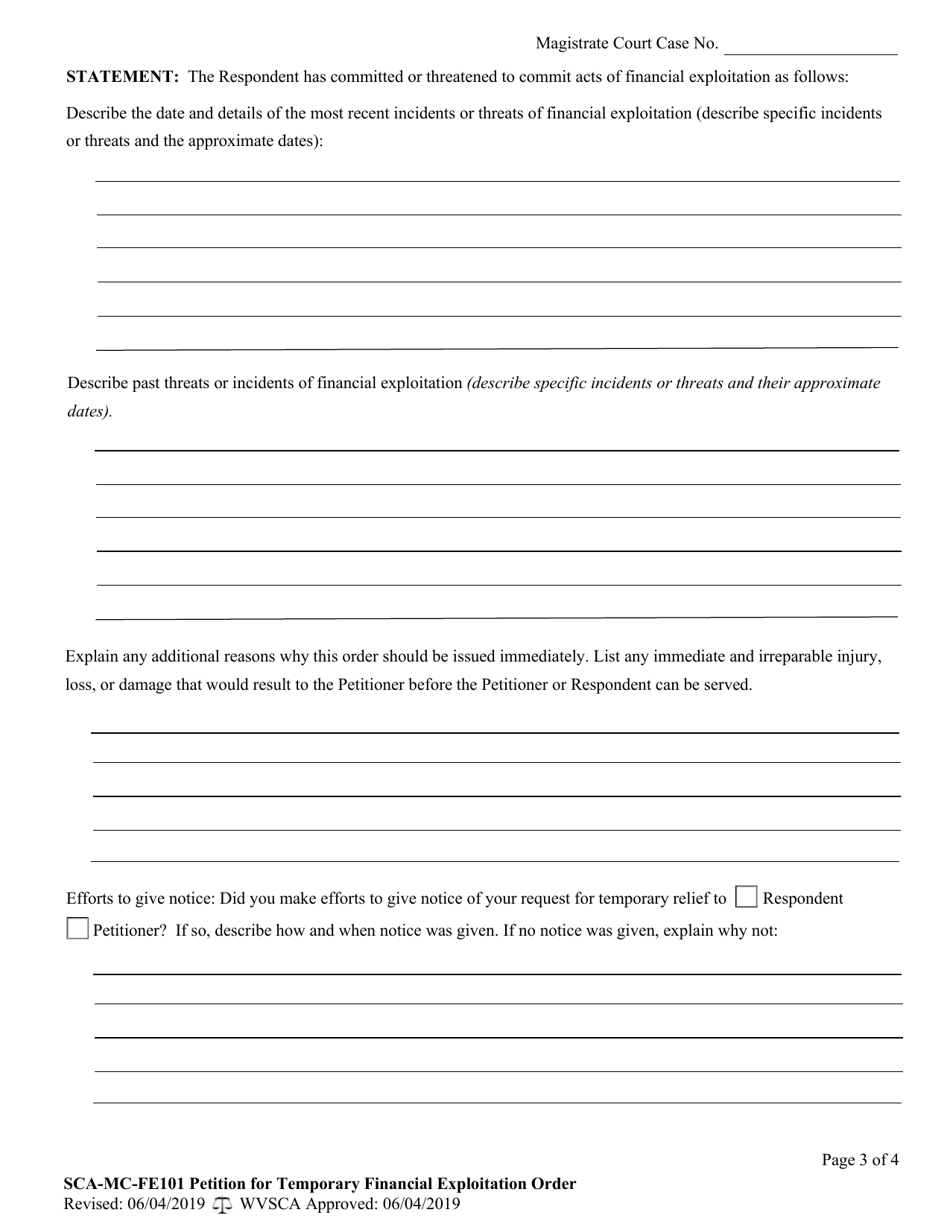 Form SCA-MC-FE101 Petition for Temporary Financial Exploitation Protective Order - West Virginia, Page 3