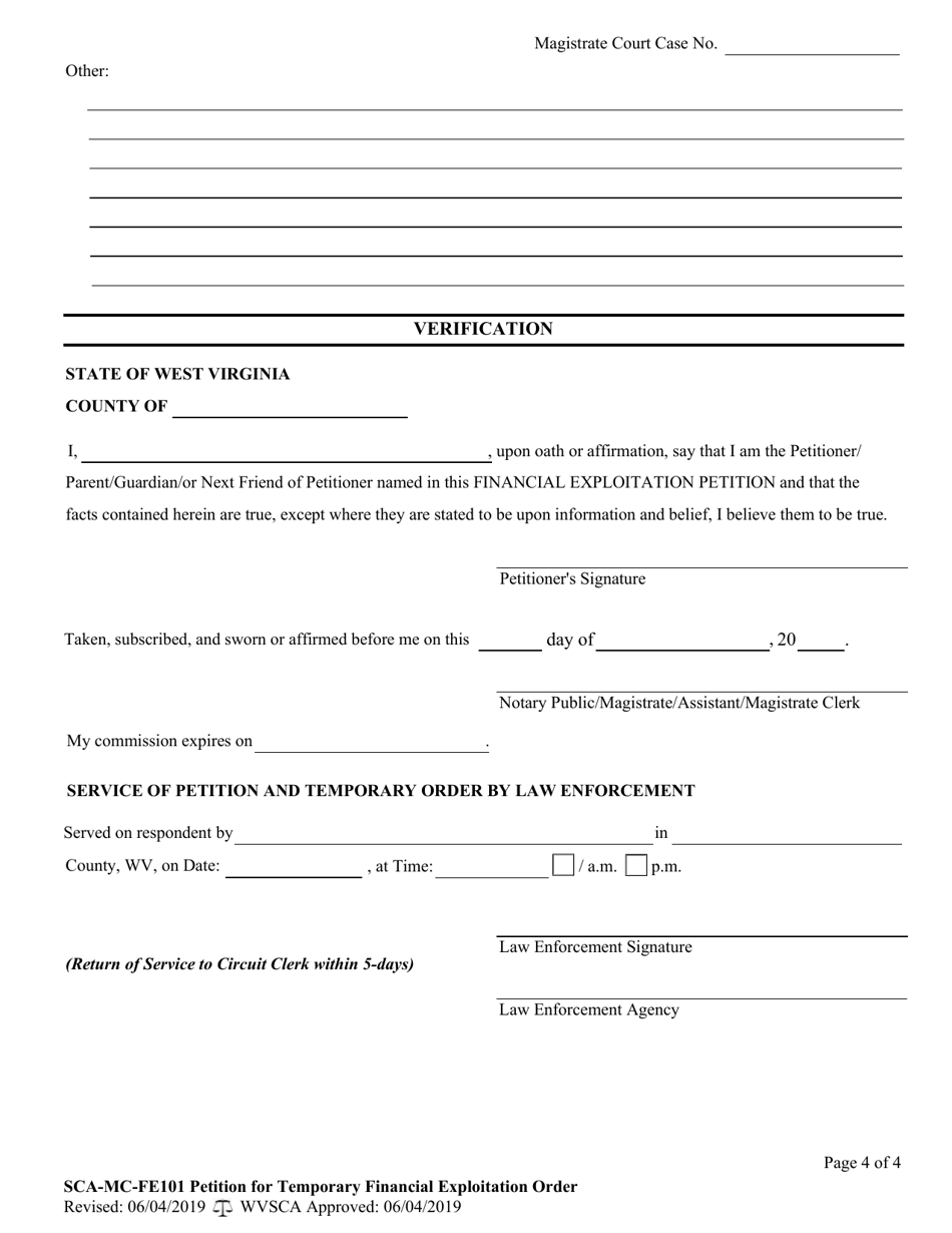 Form SCA-MC-FE101 Petition for Temporary Financial Exploitation Protective Order - West Virginia, Page 4