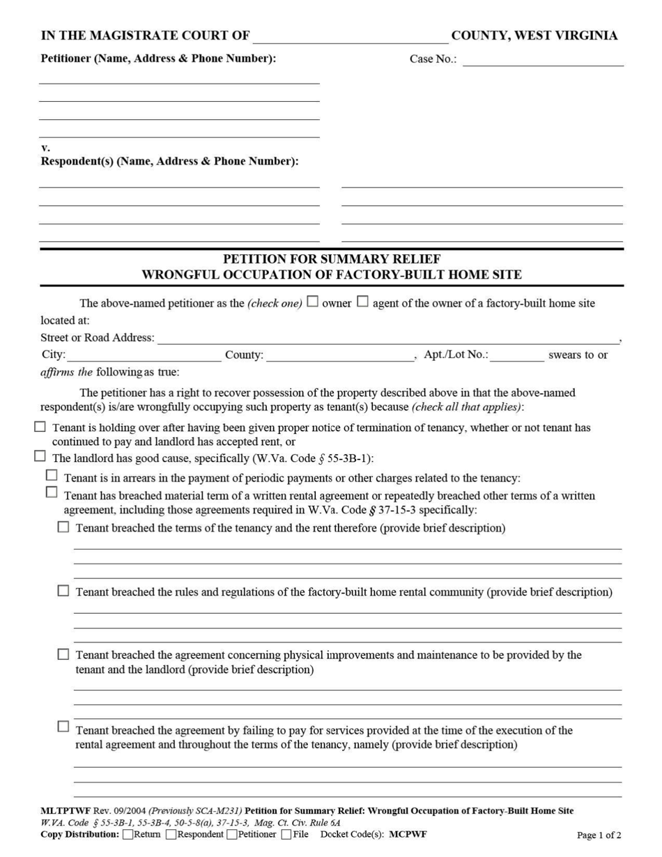 Petition for Summary Relief - Wrongful Occupation of Factory Built Home Site - West Virginia, Page 1