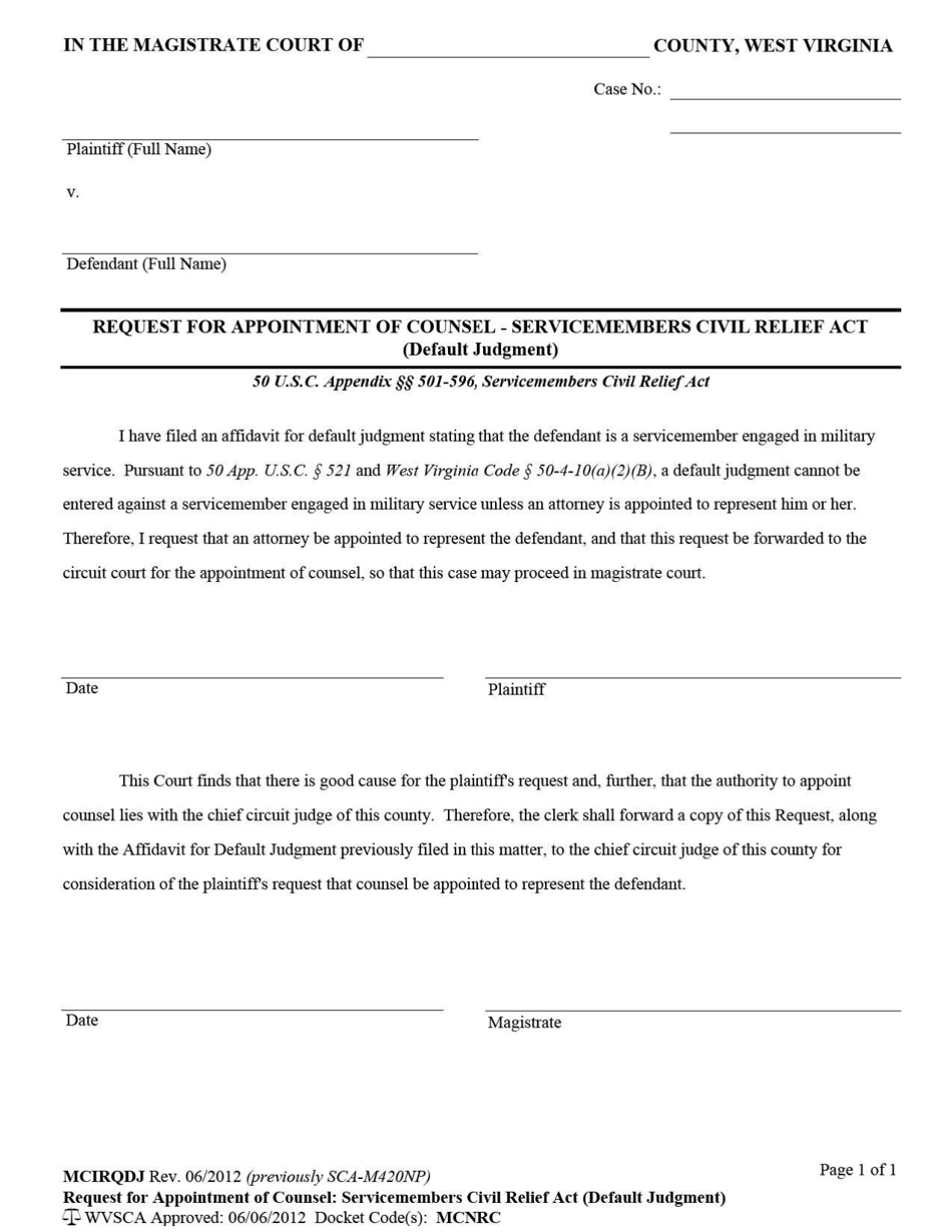 Request for Appointment of Counsel -servicemembers Civil Relief Act (Default Judgment) - West Virginia, Page 1