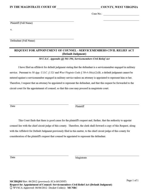 Request for Appointment of Counsel -servicemembers Civil Relief Act (Default Judgment) - West Virginia Download Pdf