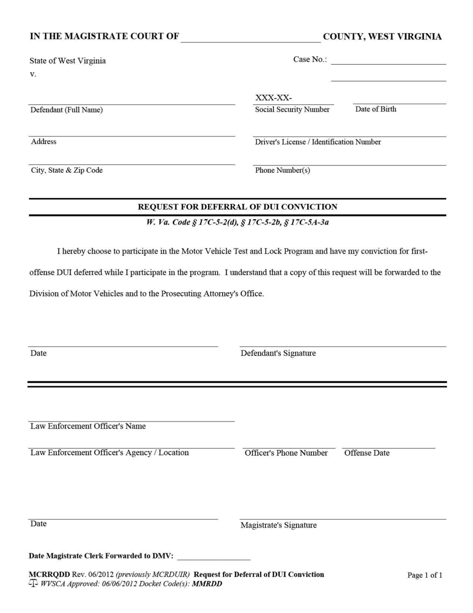 West Virginia Request for Deferral of Dui Conviction - Fill Out, Sign ...