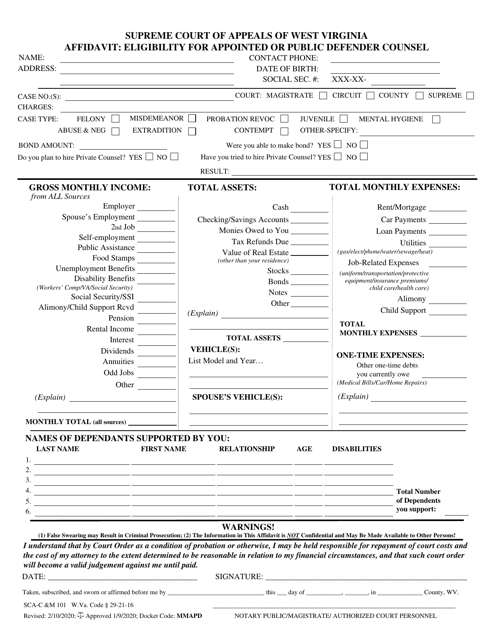 Form SCA-C&M101 Affidavit: Eligibility for Appointed or Public Defender Counsel - West Virginia