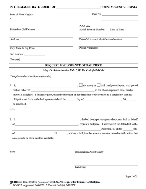 Request for Issuance of Bailpiece - West Virginia Download Pdf