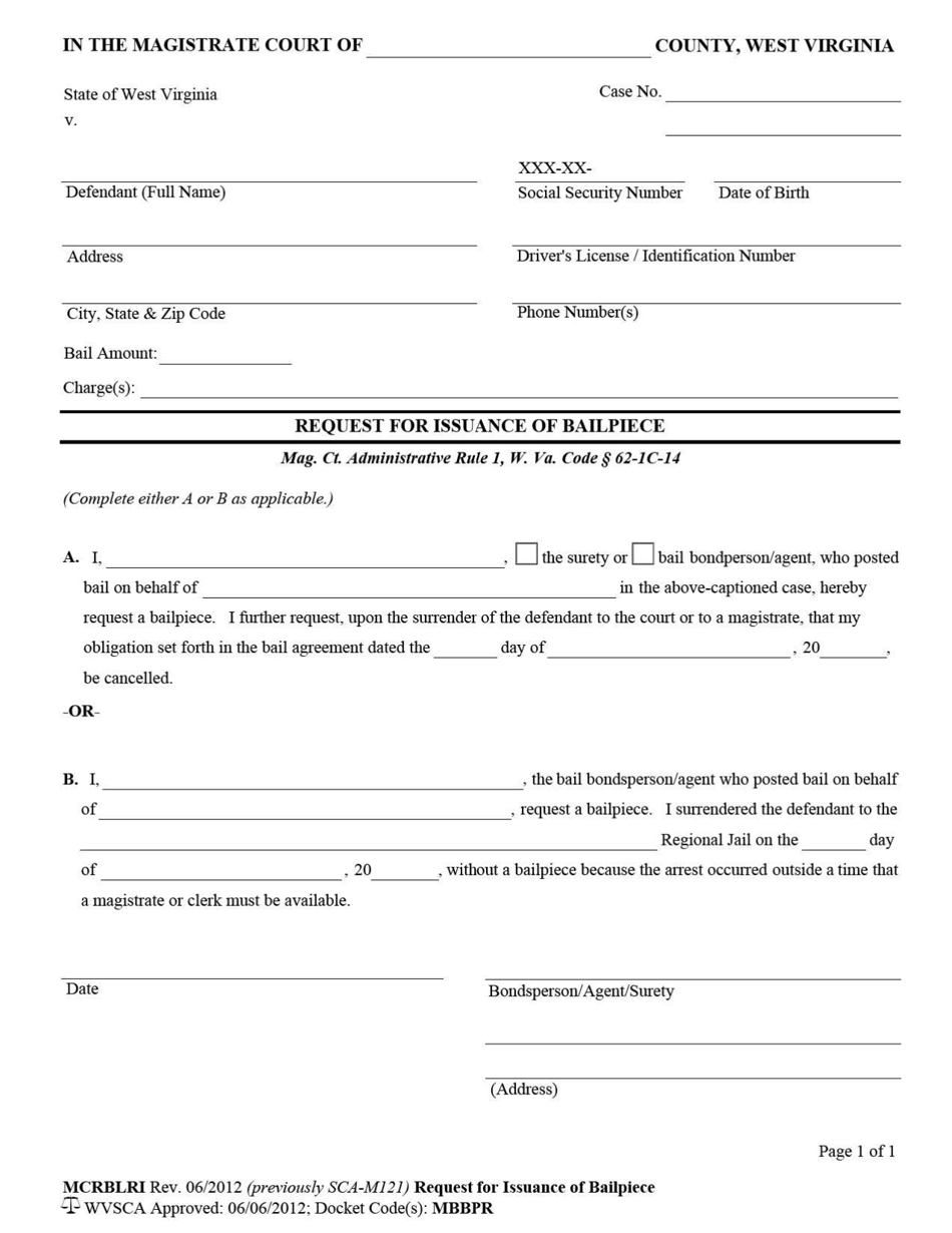 West Virginia Request for Issuance of Bailpiece - Fill Out, Sign Online ...