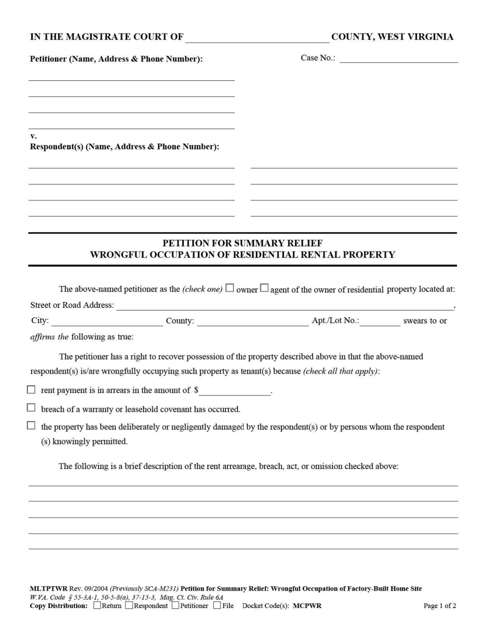 Petition for Summary Relief - Wrongful Occupation of Residential Rental Property - West Virginia, Page 1