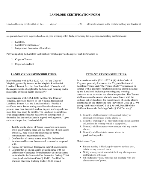 Landlord Smoke Detector Certification Form - Virginia