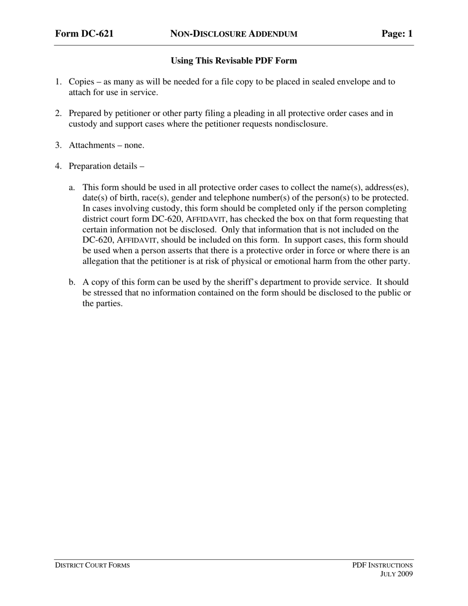 Instructions for Form DC-621 Non-disclosure Addendum - Virginia, Page 1