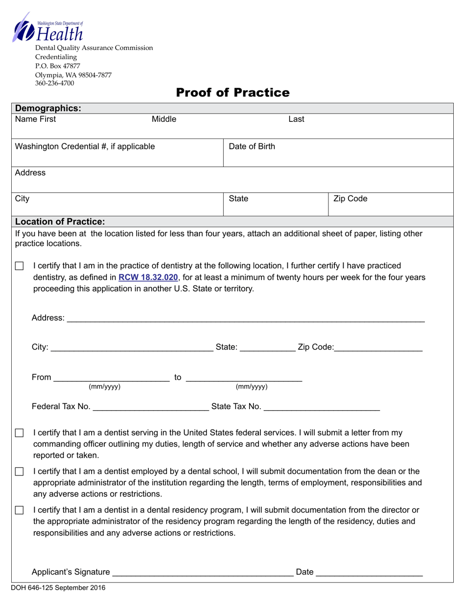 DOH Form 646-125 Proof of Practice - Washington, Page 1