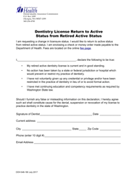 Document preview: DOH Form 646-180 Dentistry License Return to Active Status From Retired Active Status - Washington