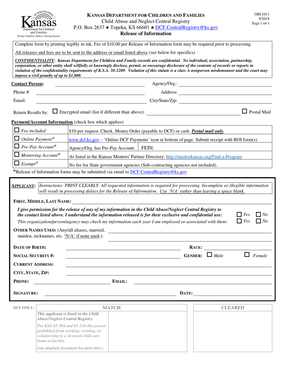 Form OBI1011 Child Abuse and Neglect Central Registry Release of Information - Kansas, Page 1