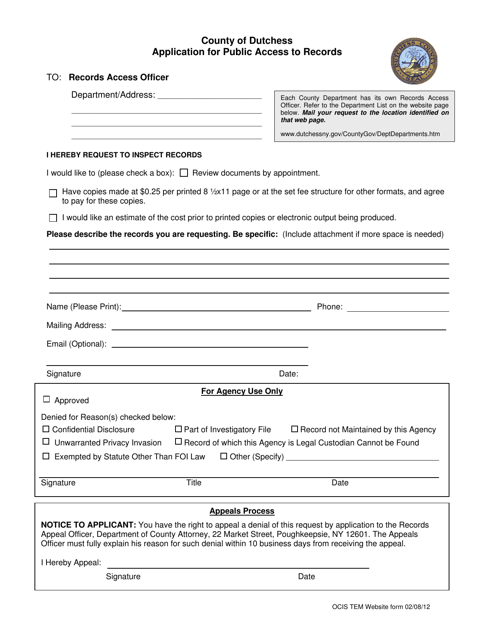 Application for Public Access to Records - County of Dutchess, New York Download Pdf