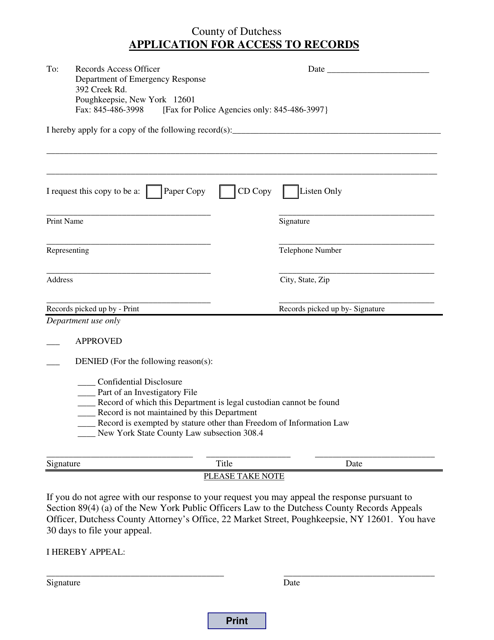 Application for Access to Records - County of Dutchess, New York Download Pdf