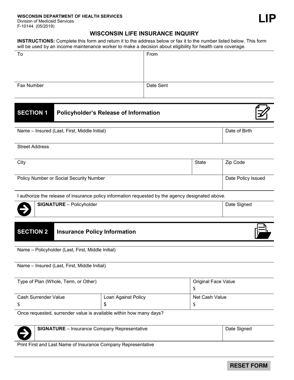 Form F-10144 Wisconsin Life Insurance Inquiry - Wisconsin, Page 1