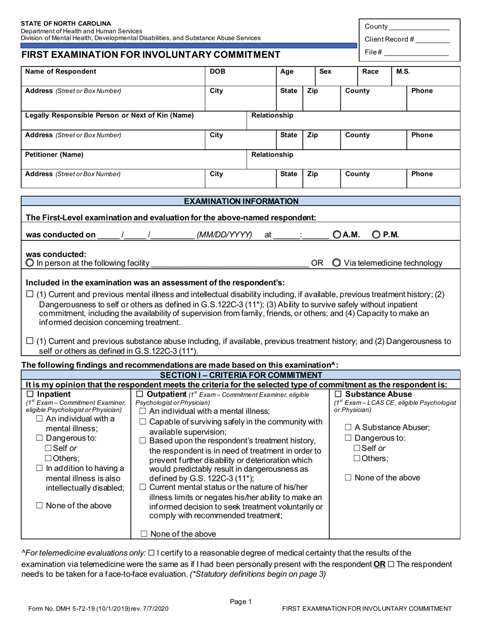 Form DMH5-72-19 First Examination for Involuntary Commitment - North Carolina, Page 1