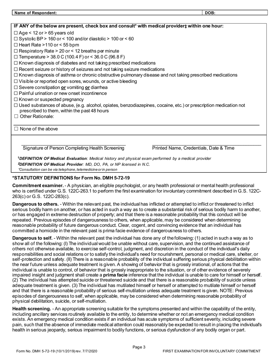 Form DMH5-72-19 First Examination for Involuntary Commitment - North Carolina, Page 3