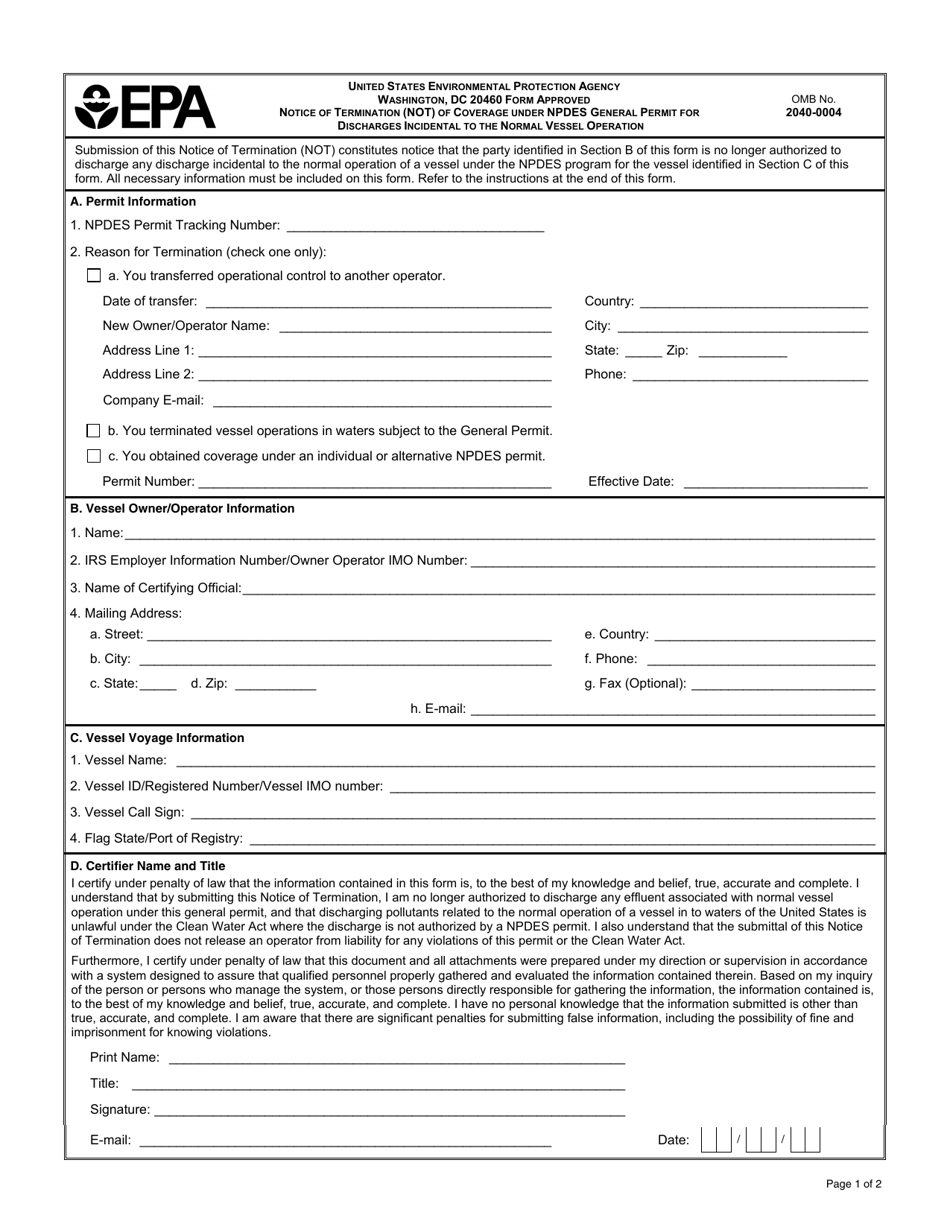 Notice of Termination (Not) of Coverage Under Npdes General Permit for