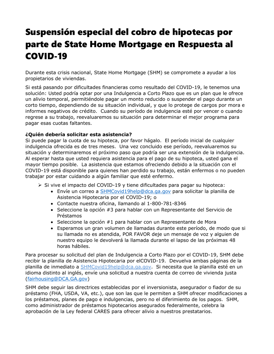 Planilla De Asistencia Hipotecaria Por Covid-19 - Georgia (United States) (Spanish), Page 1