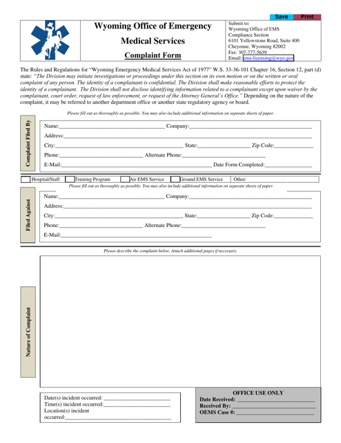 Office of Emergency Medical Services Complaint Form - Wyoming Download Pdf
